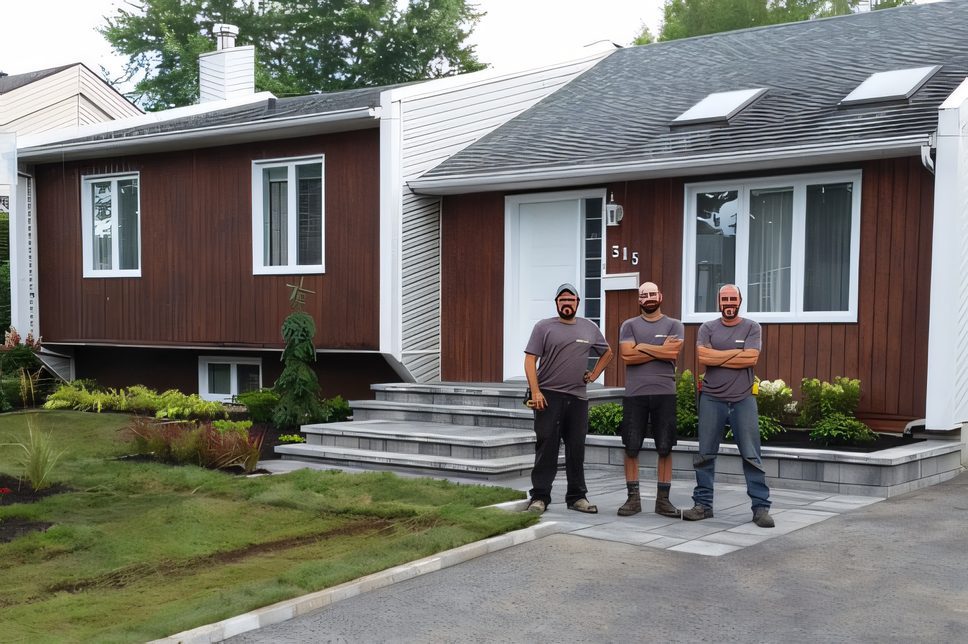 Trois ouvriers d’Aménagement Paul Boisvert devant une entrée de pavé qu’ils viennent de finir