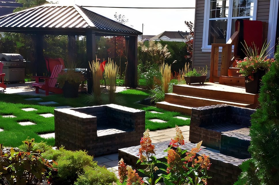 Cour arrière avec pergola noire, chaises rouges et pas japonais dans le gazon