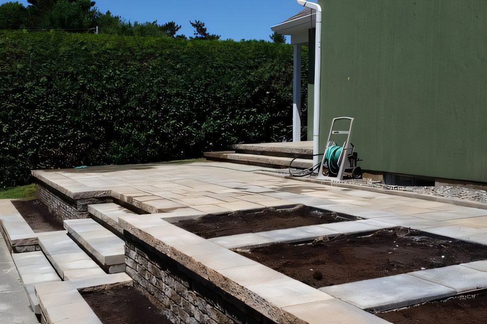 Terrasse de pavé en paliers avec plate-bande, haie de cèdres