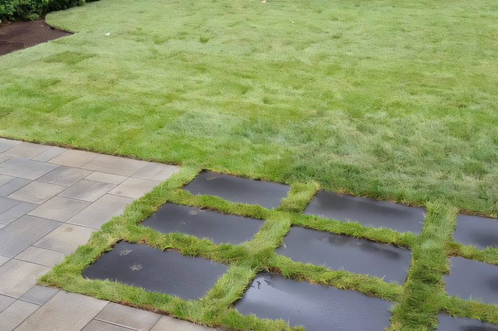 Pas japonais en dalles de béton dans une pelouse neuve