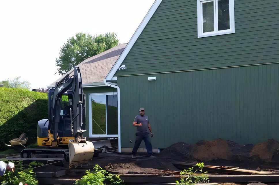 Chantier d’une terrasse surélevée : l’équipe au travail derrière une maison verte