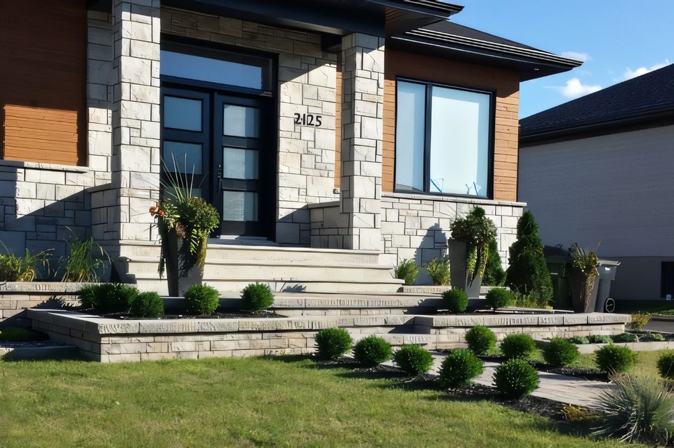 Muret et marches de béton préfabriqué devant une maison contemporaine de pierre et de bois
