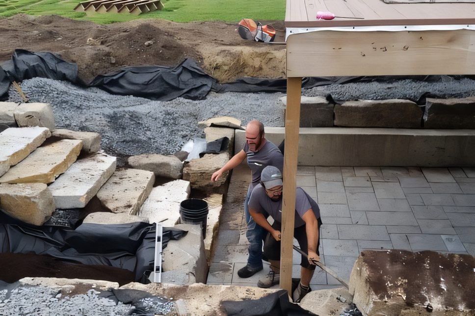 Un muret de grosses pierres naturelles en construction, un ouvrier ajuste une pierre