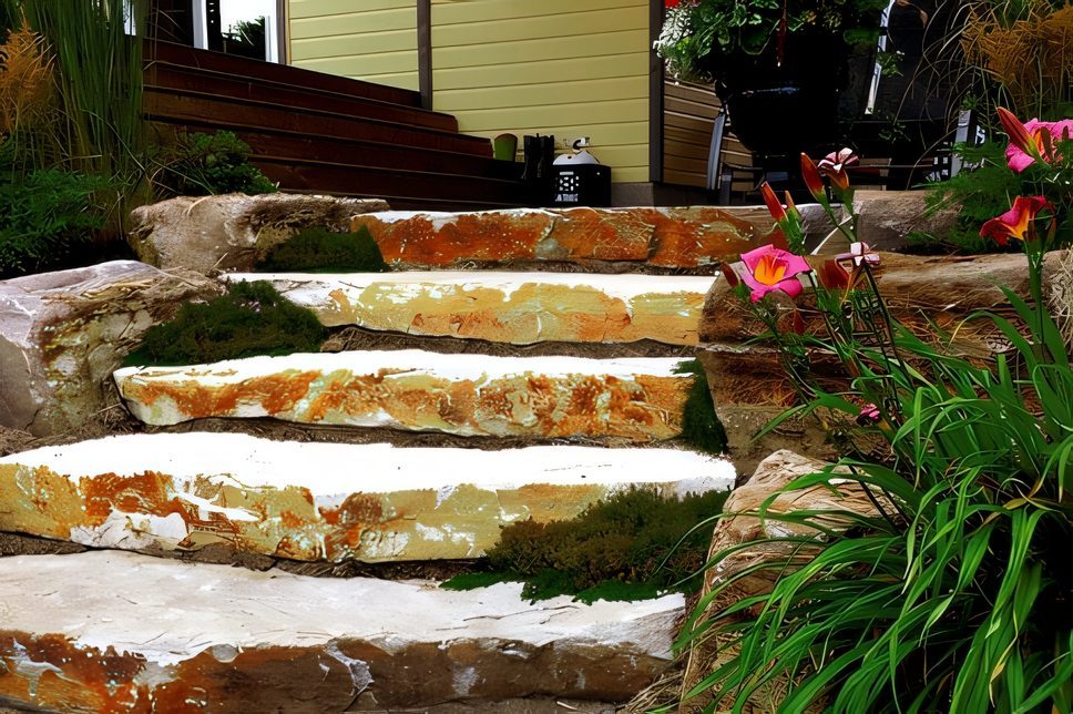 Marches de pierre naturelle dans une pente, vivaces roses de chaque côté