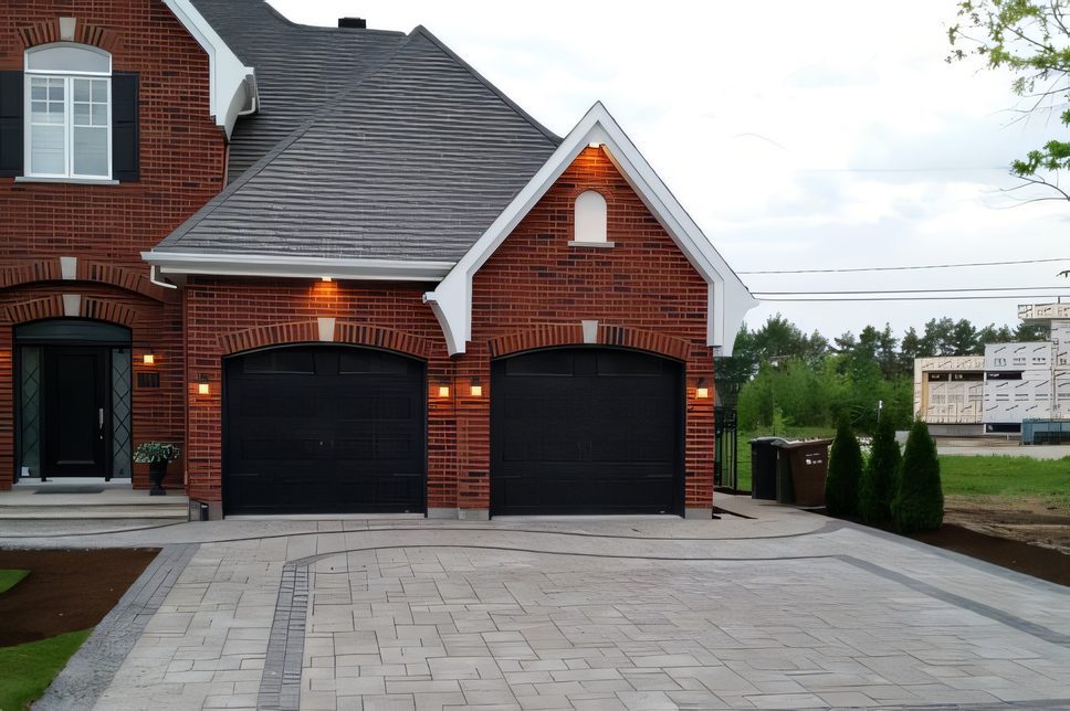 Entrée de pavé finie devant une maison de brique à deux garages