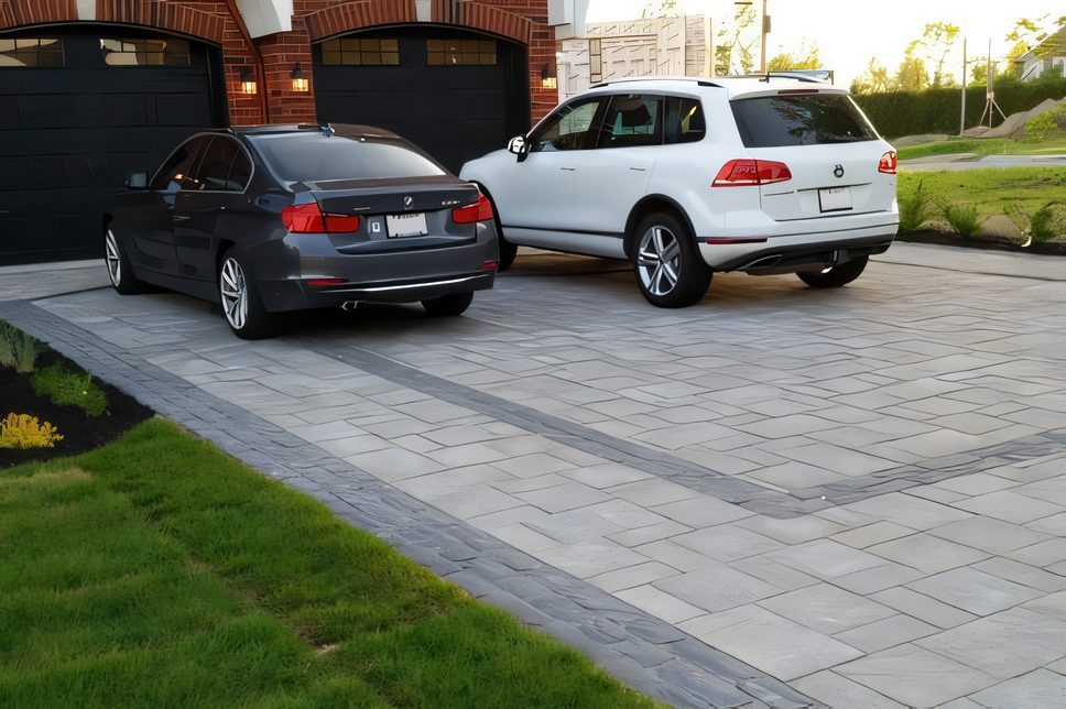 Entrée de pavé avec une voiture stationnée, pelouse et arbre