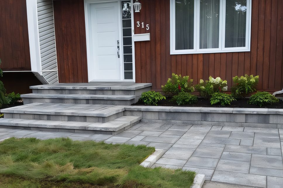 Palier et marches de pavé devant une maison à toit de bardeaux, cèdres