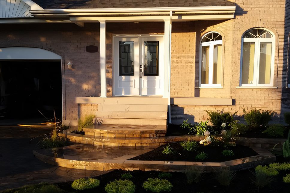 Entrée de pavé mouillée au soleil couchant devant une maison de pierre