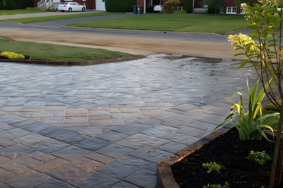 Allée de pavé bordée d’une plate-bande d’arbustes devant un garage