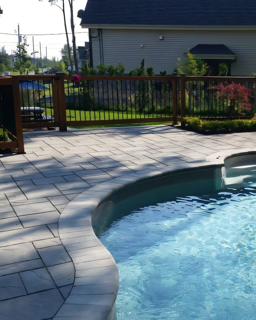 Piscine et pavé vus de haut, clôture de fer forgé