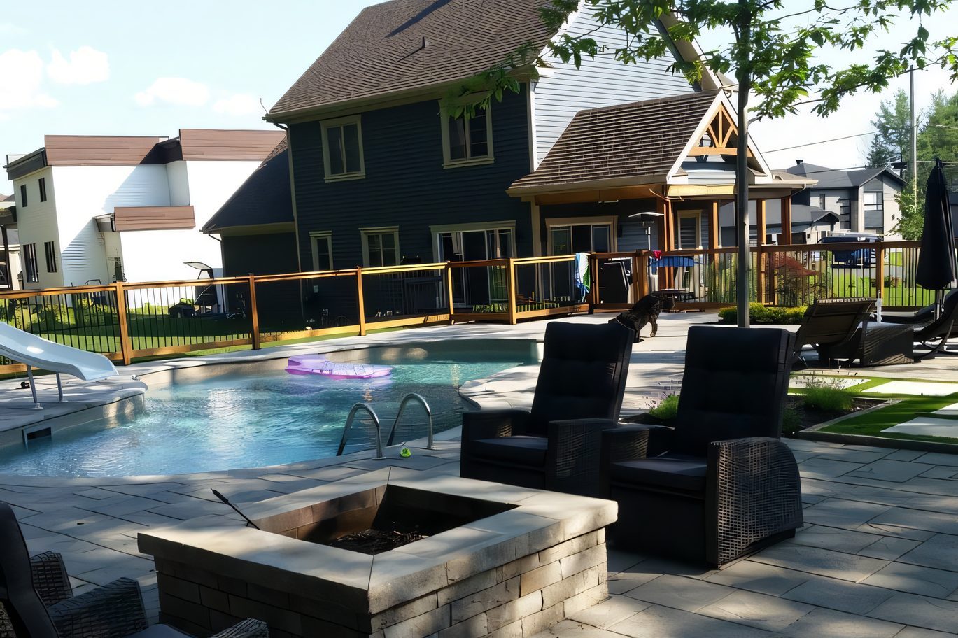 Piscine, terrasse de pavé et gazebo devant une maison au toit de tôle
