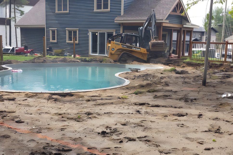 Le bassin de la piscine dans la terre au fond d’un terrain boisé, la pelle à côté