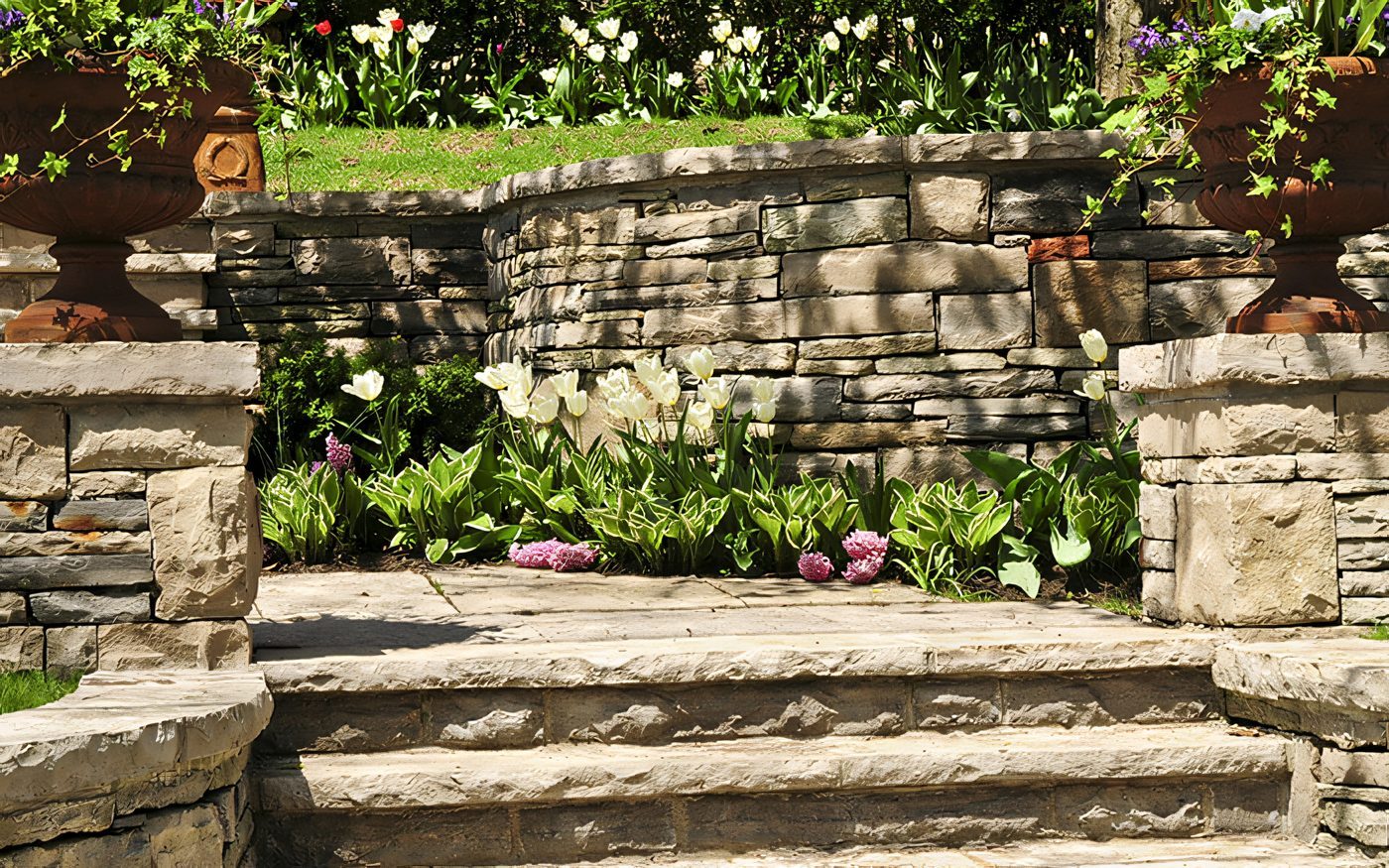 Muret et marches de pierre naturelle bordés de tulipes, deux urnes de fonte sur les piliers
