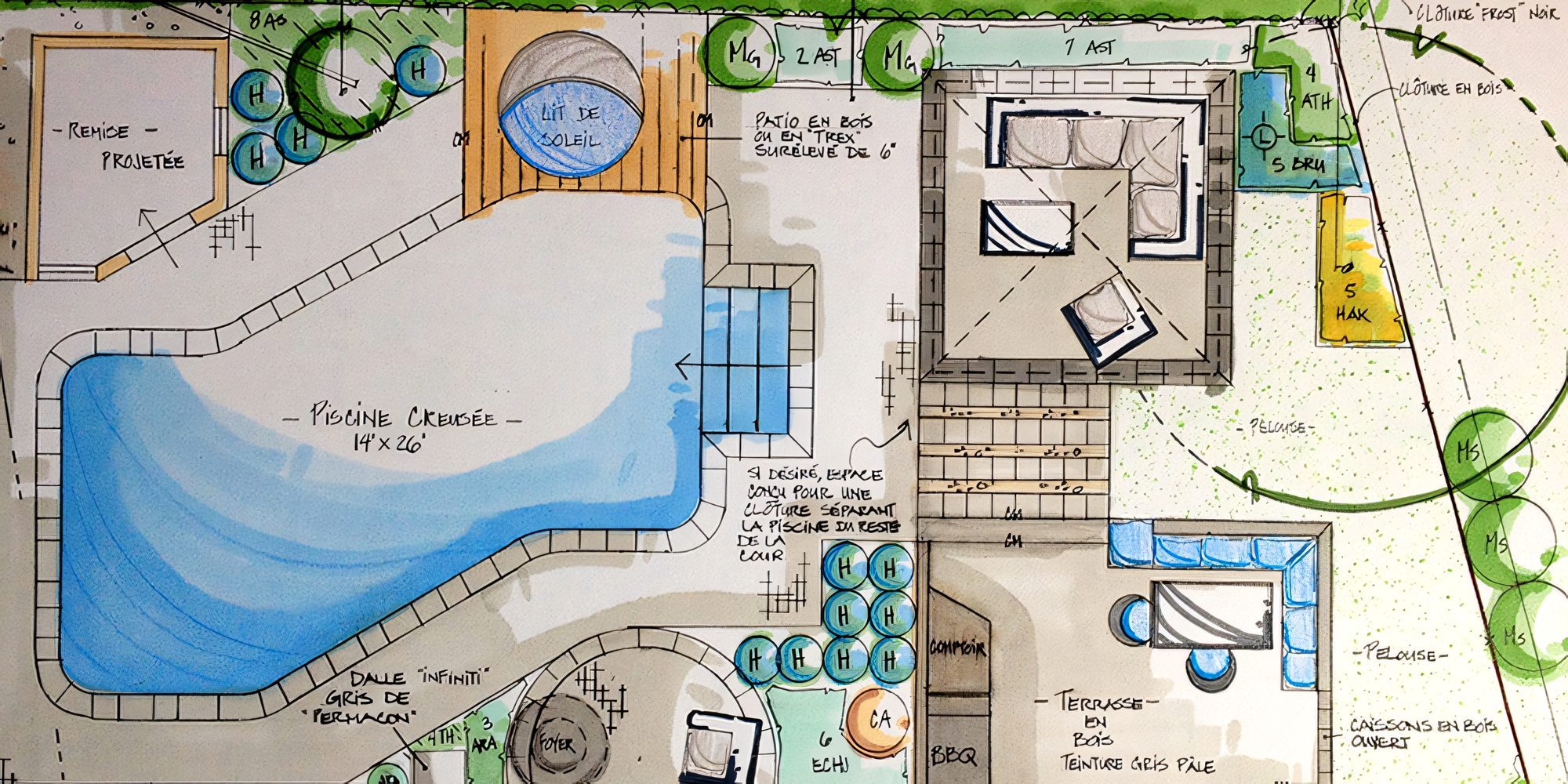 Plan de présentation en couleur d’une cour arrière avec piscine, terrasse et plantations, dessiné par Aménagement Paul Boisvert