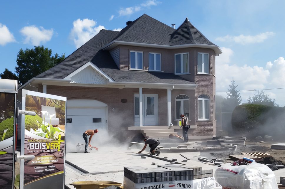 La remorque d’Aménagement Paul Boisvert et des palettes de pavé devant un chantier